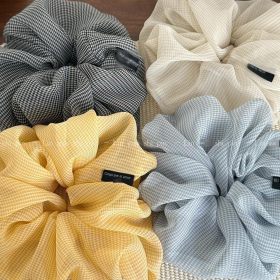 Serie de estampados a cuadros finos de gasa ligera suave belleza de intestino grueso, cuerda de cabeza de anillo de pelo femenino de alta costura, cuerda de cabeza de albóndigas, cuerda de cabeza de cola de caballo, cuerda de pelo decorada