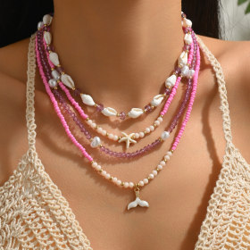 Joyas transfronterizas europeas y americanas vacaciones de playa viento estrella de mar concha cola de pescado collar colgante nicho de alta gama sensación de varias capas con perlas de arroz collar accesorios femeninos x2015