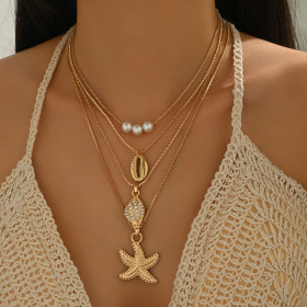 Joyas transfronterizas europeas y americanas collar colgante de caracol estrella de mar de viento marino de verano, nicho de lujo ligero y varias capas apiladas con cadenas de clavícula de perlas al por mayor x1909