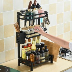 Estantes de acero al carbono negro de cocina al por mayor con palillos, estantes de almacenamiento de condimentos, encimera sin perforación, estantes de condimentos de varias capas